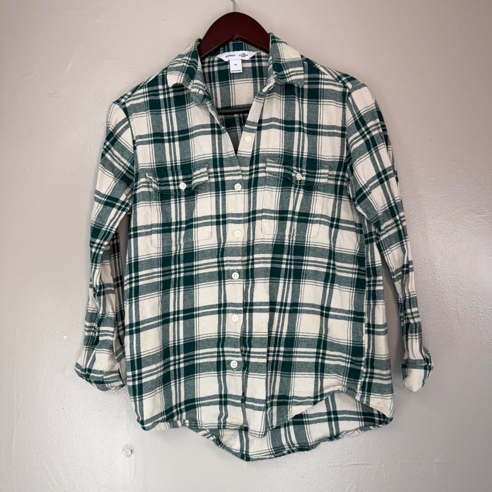 Old Navy The Boyfriend Shirt Green White Plaid Flannel Button Down XS
